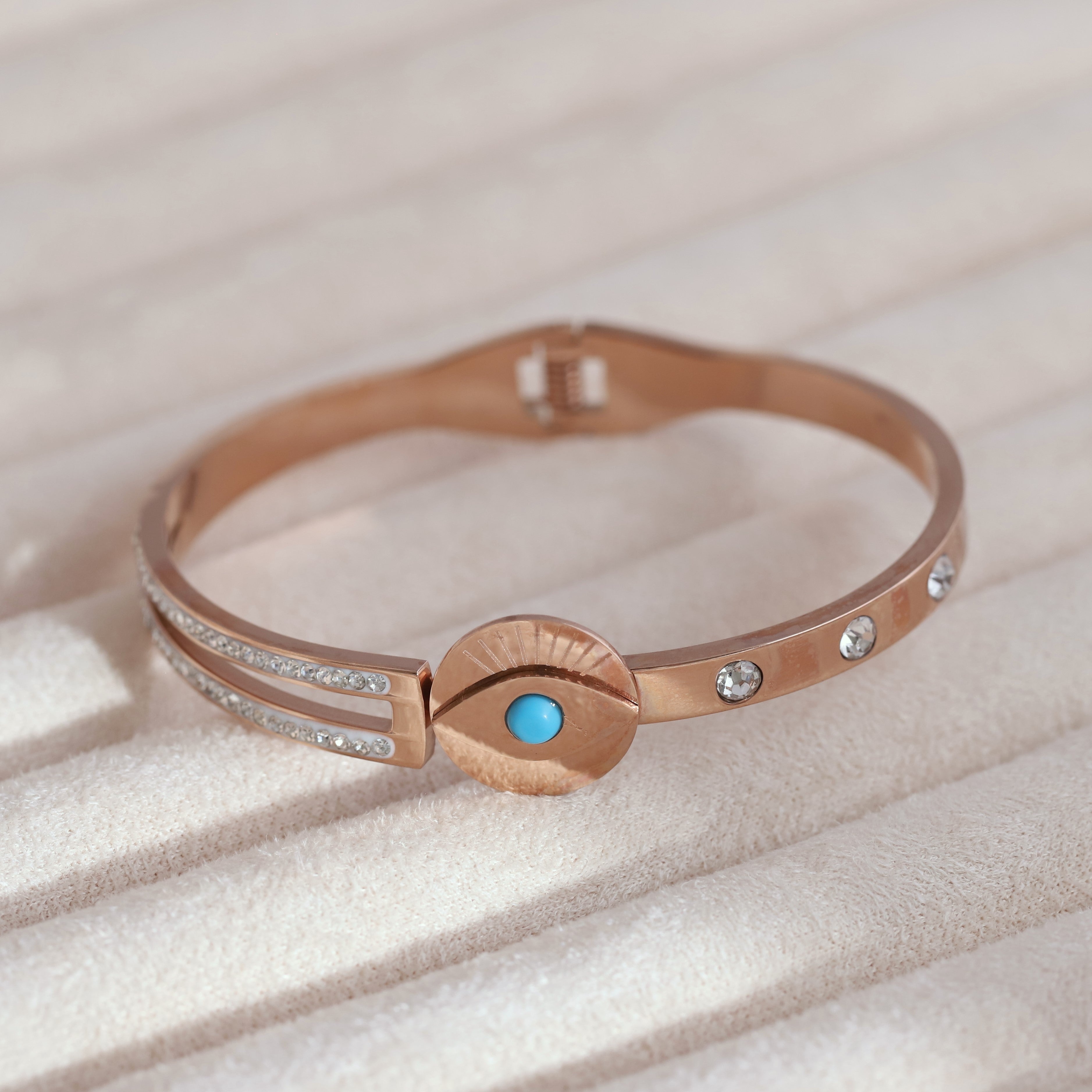Evil Eye Gold-Plated Cuff Stainless Steel Bracelet – Anti-Tarnish Jewelry for Women & Girls (ROSE GOLD)