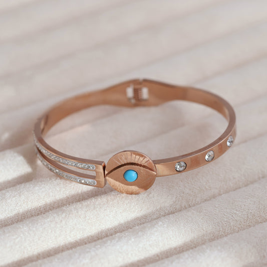 Evil Eye Gold-Plated Cuff Stainless Steel Bracelet – Anti-Tarnish Jewelry for Women & Girls (ROSE GOLD)