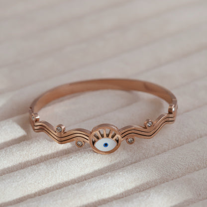 Gold-Plated Cuff Evil Eye Bracelet with American Diamonds – Anti-Tarnish & Skin-Friendly (ROSE GOLD)