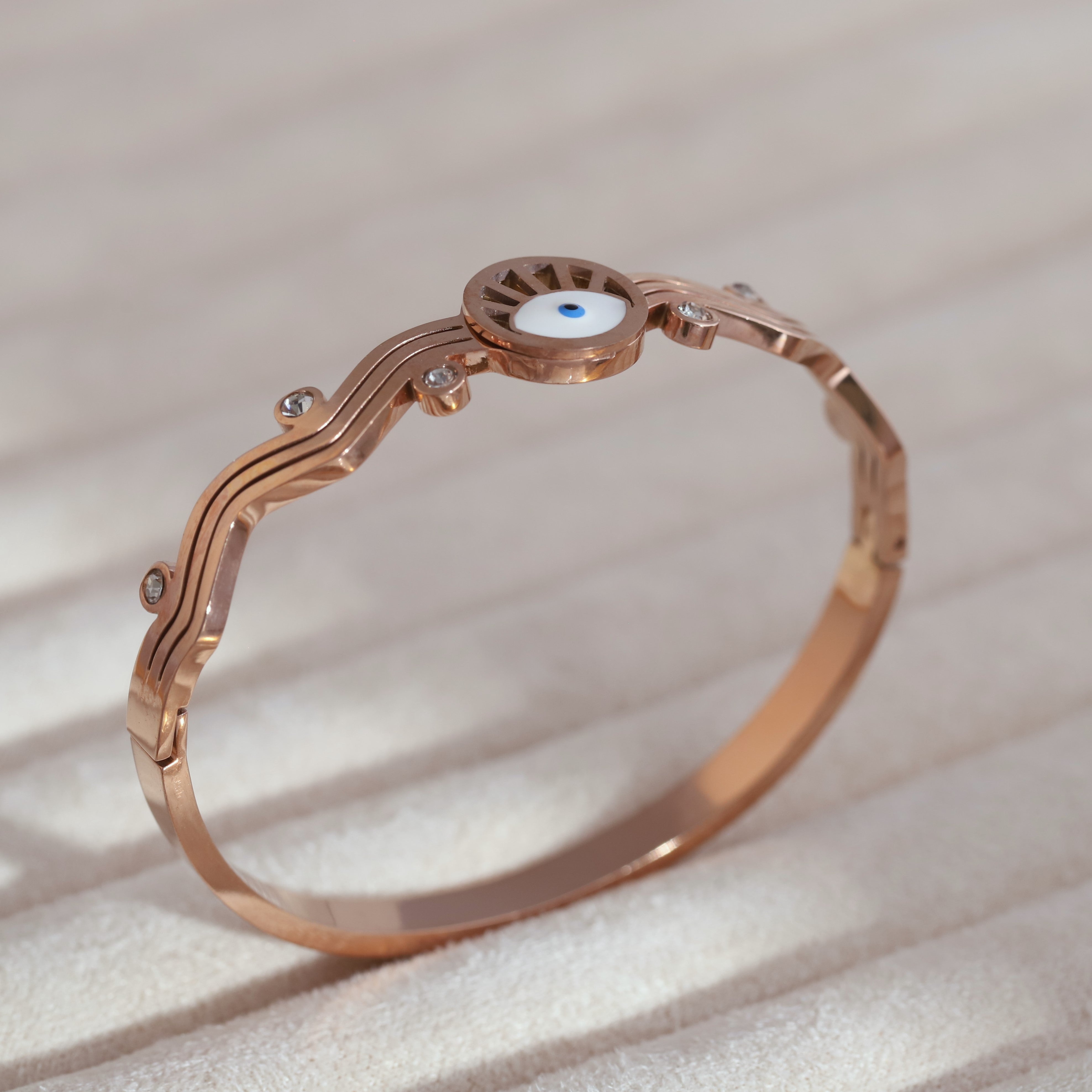 Gold-Plated Cuff Evil Eye Bracelet with American Diamonds – Anti-Tarnish & Skin-Friendly (ROSE GOLD)