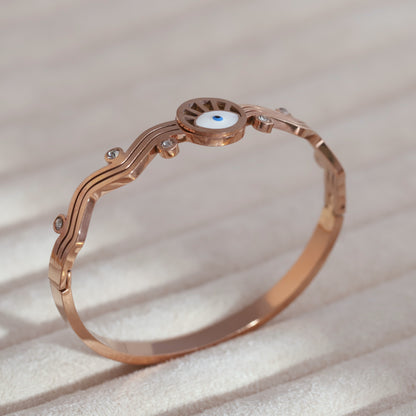 Gold-Plated Cuff Evil Eye Bracelet with American Diamonds – Anti-Tarnish & Skin-Friendly (ROSE GOLD)