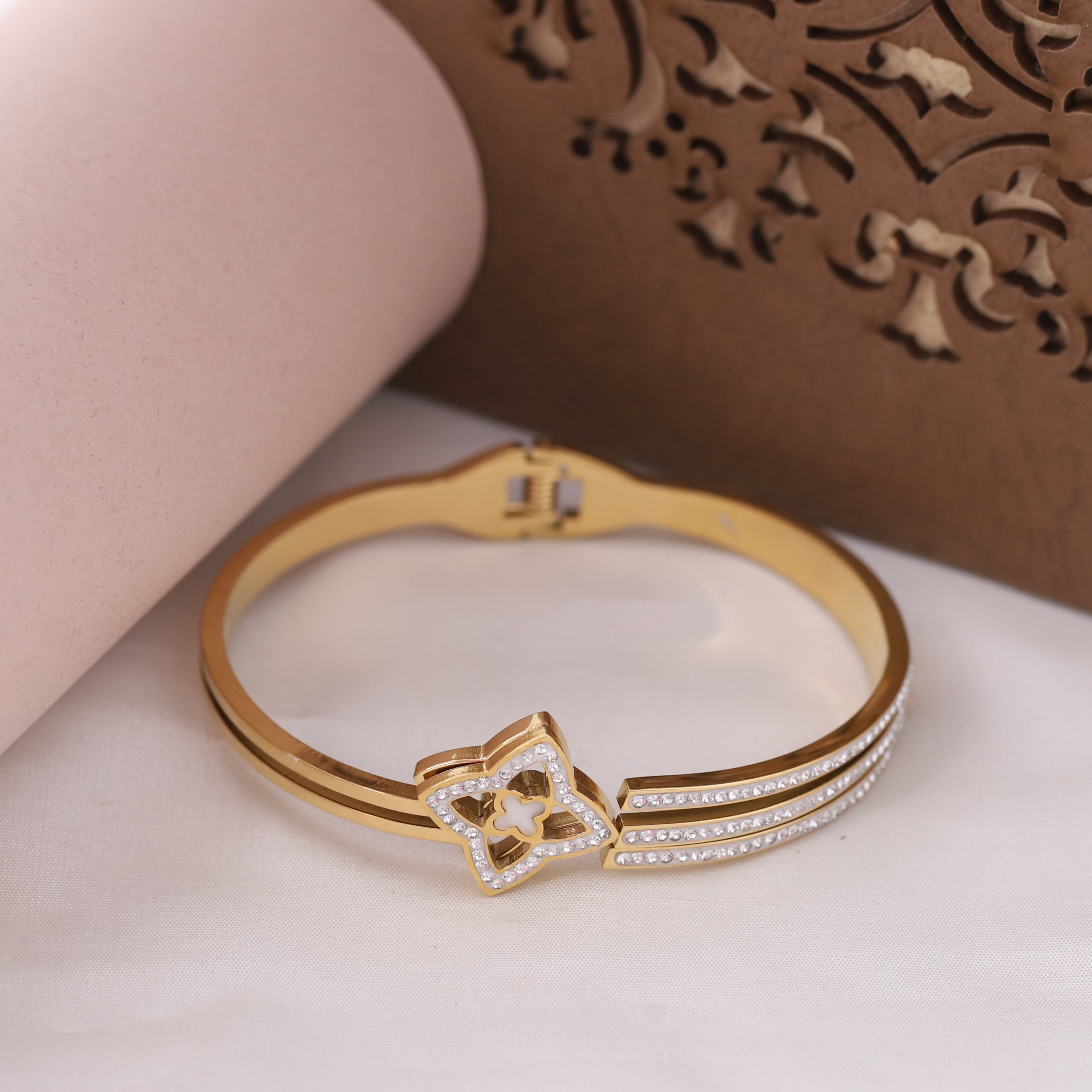 Flower Gold-Plated Cuff Bracelet with American Diamonds – Anti-Tarnish & Skin-Friendly (GOLD)
