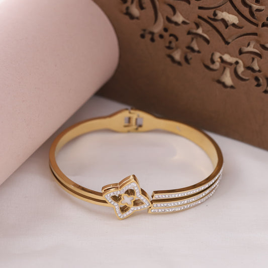 Flower Gold-Plated Cuff Bracelet with American Diamonds – Anti-Tarnish & Skin-Friendly (GOLD)