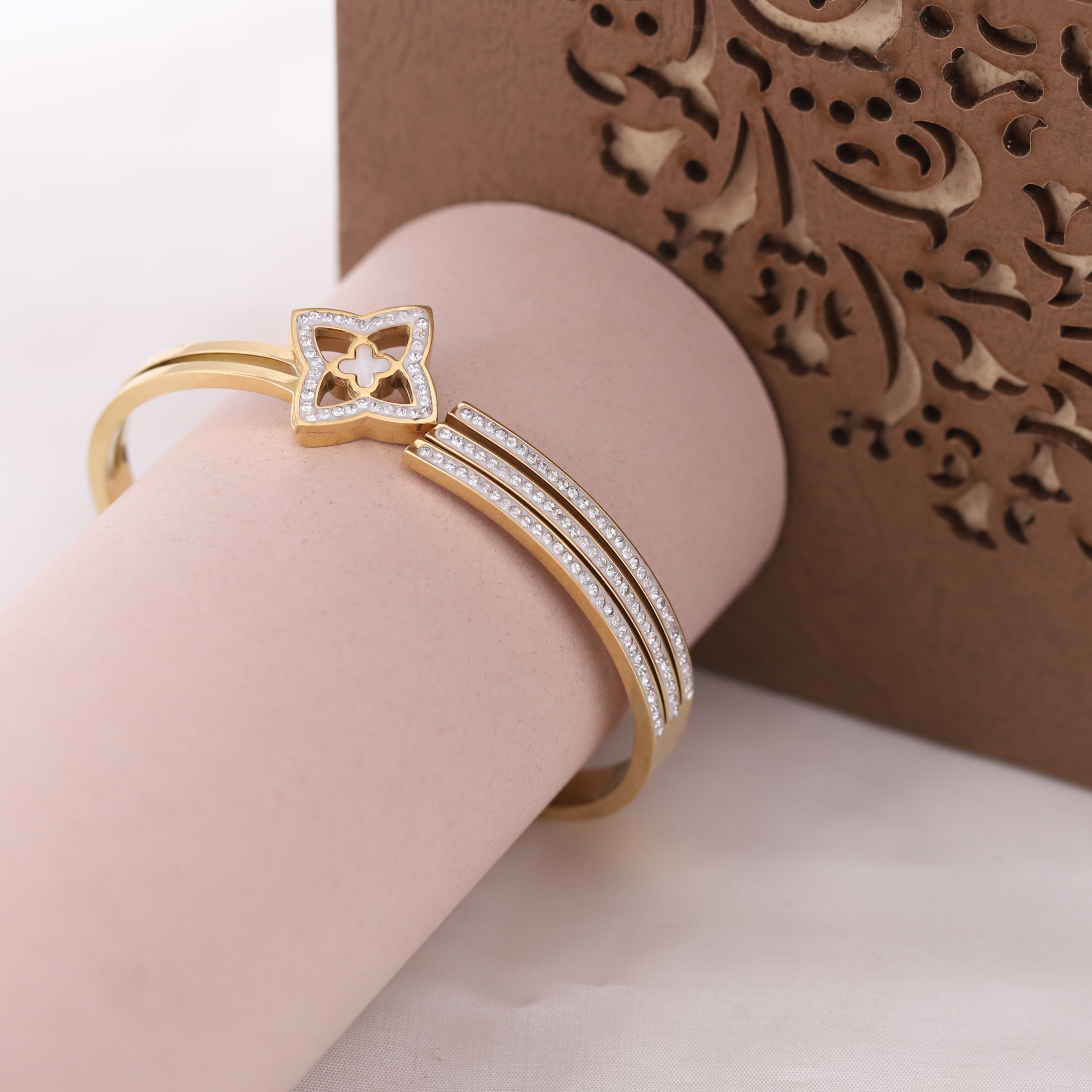Flower Gold-Plated Cuff Bracelet with American Diamonds – Anti-Tarnish & Skin-Friendly (GOLD)
