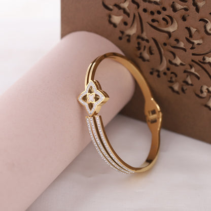 Flower Gold-Plated Cuff Bracelet with American Diamonds – Anti-Tarnish & Skin-Friendly (GOLD)