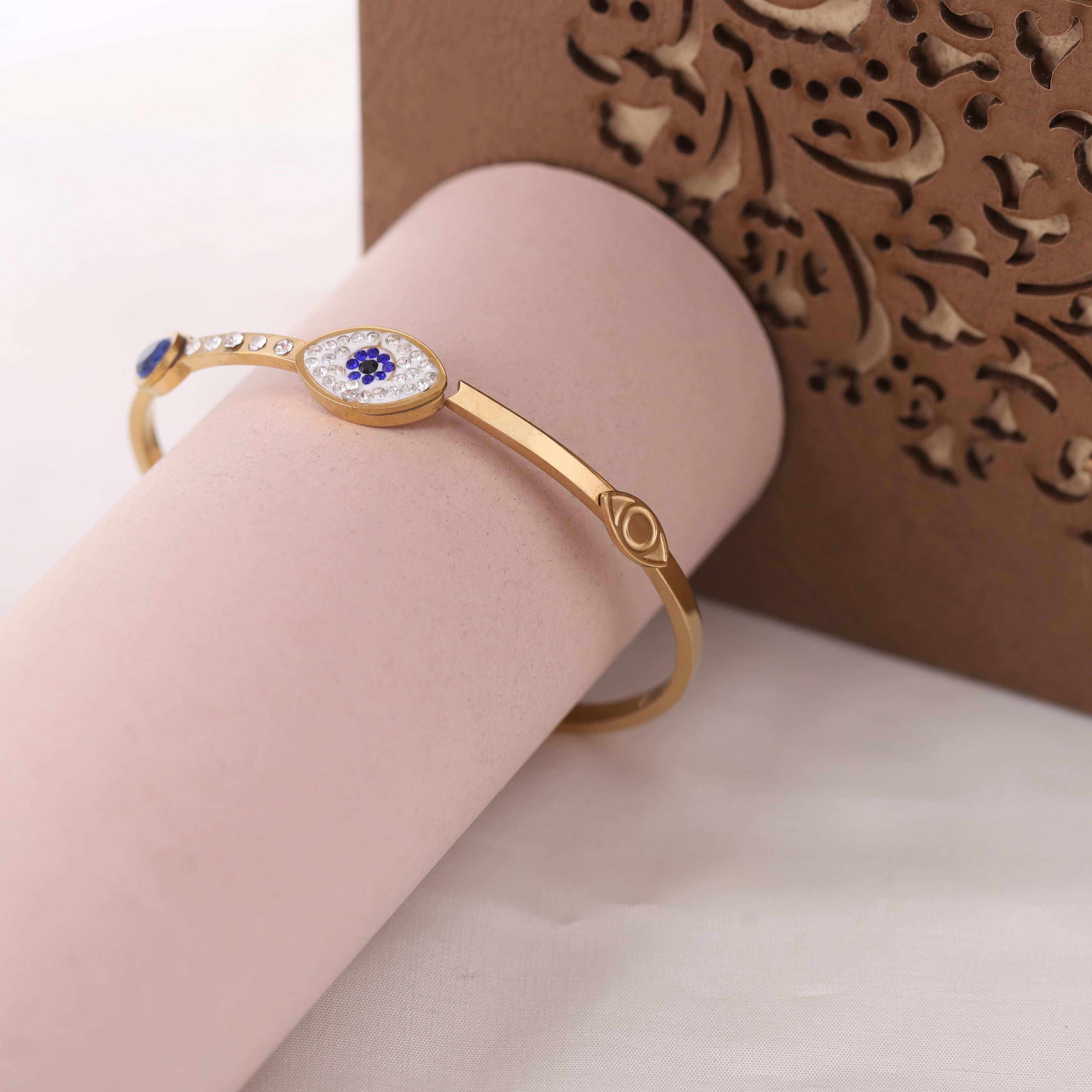 Evil Eye Gold-Plated Stainless Steel Cuff Bracelet – Anti-Tarnish Jewelry for Women & Girls (GOLD)