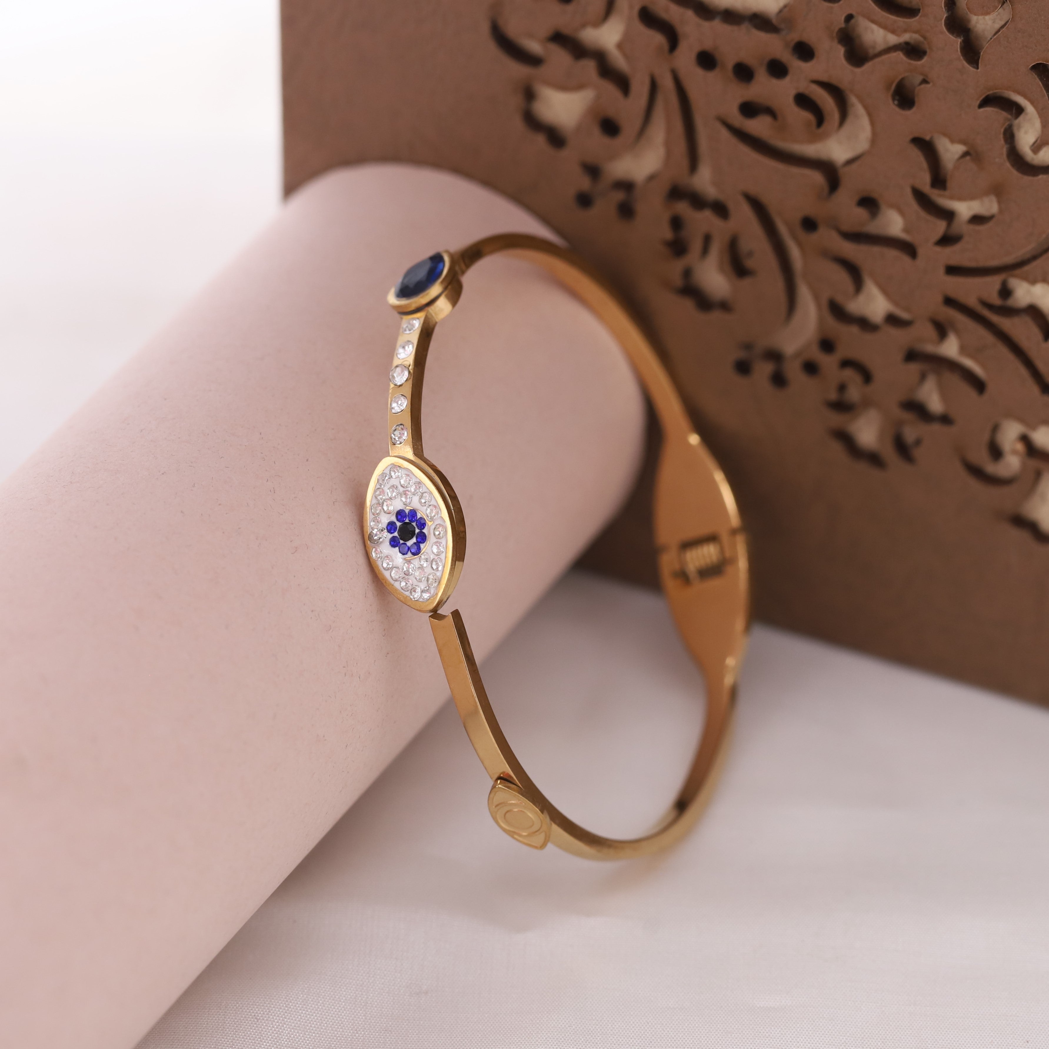 Evil Eye Gold-Plated Stainless Steel Cuff Bracelet – Anti-Tarnish Jewelry for Women & Girls (GOLD)