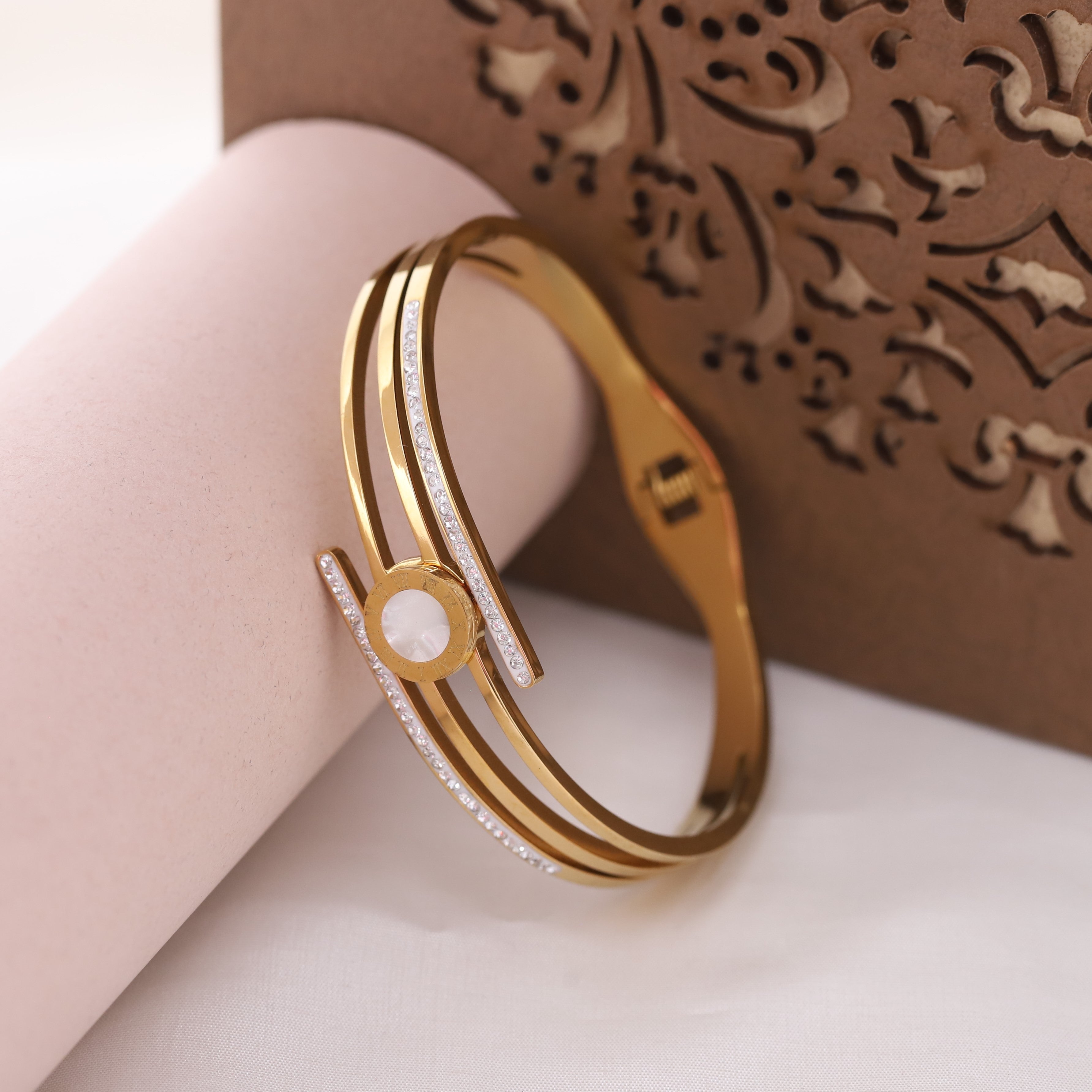 Gold-Plated Cuff Bracelet with American Diamonds – Anti-Tarnish & Skin-Friendly (GOLD)