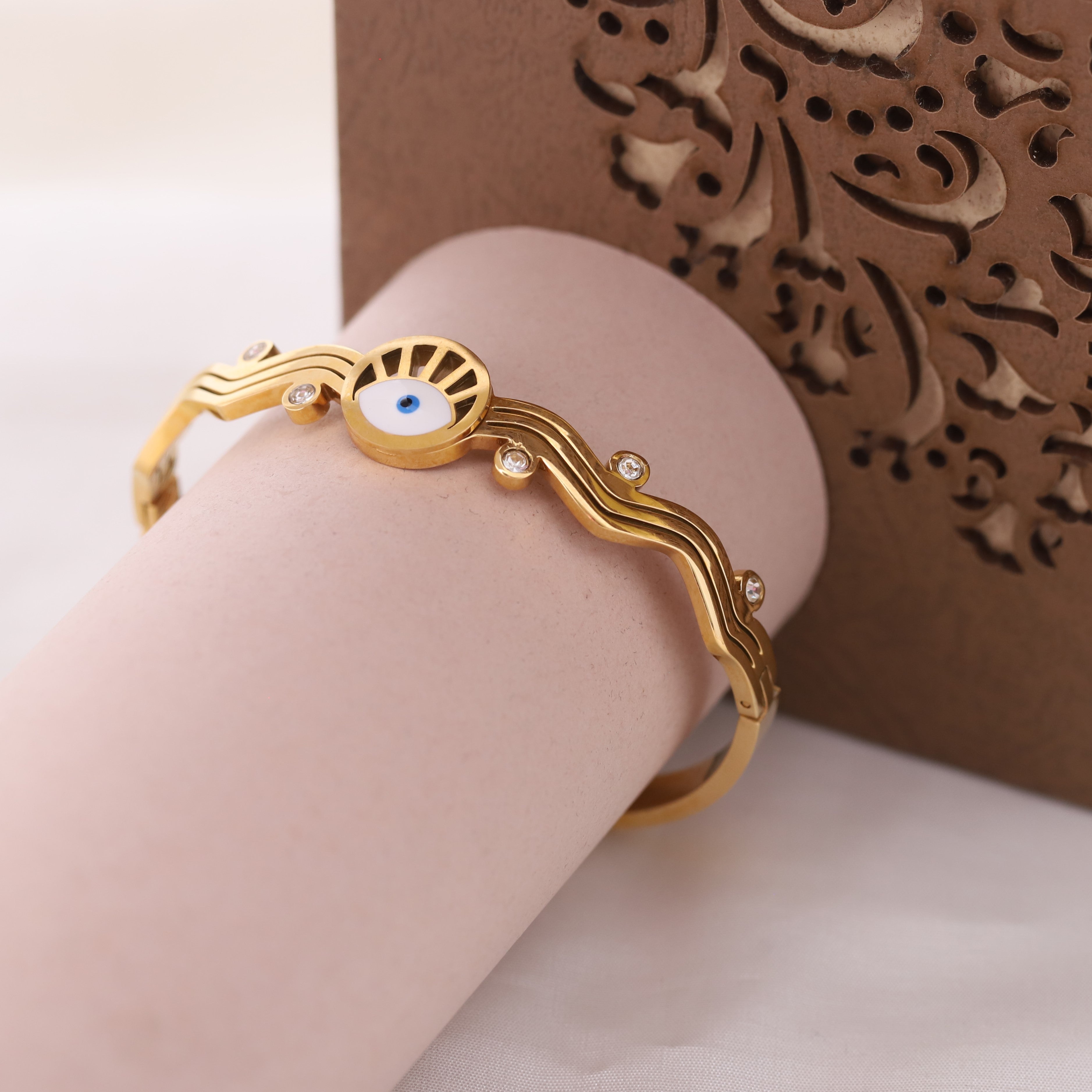 Evil Eye Gold-Plated Stainless Steel Cuff Bracelet – Anti-Tarnish Jewelry for Women & Girls (GOLD)
