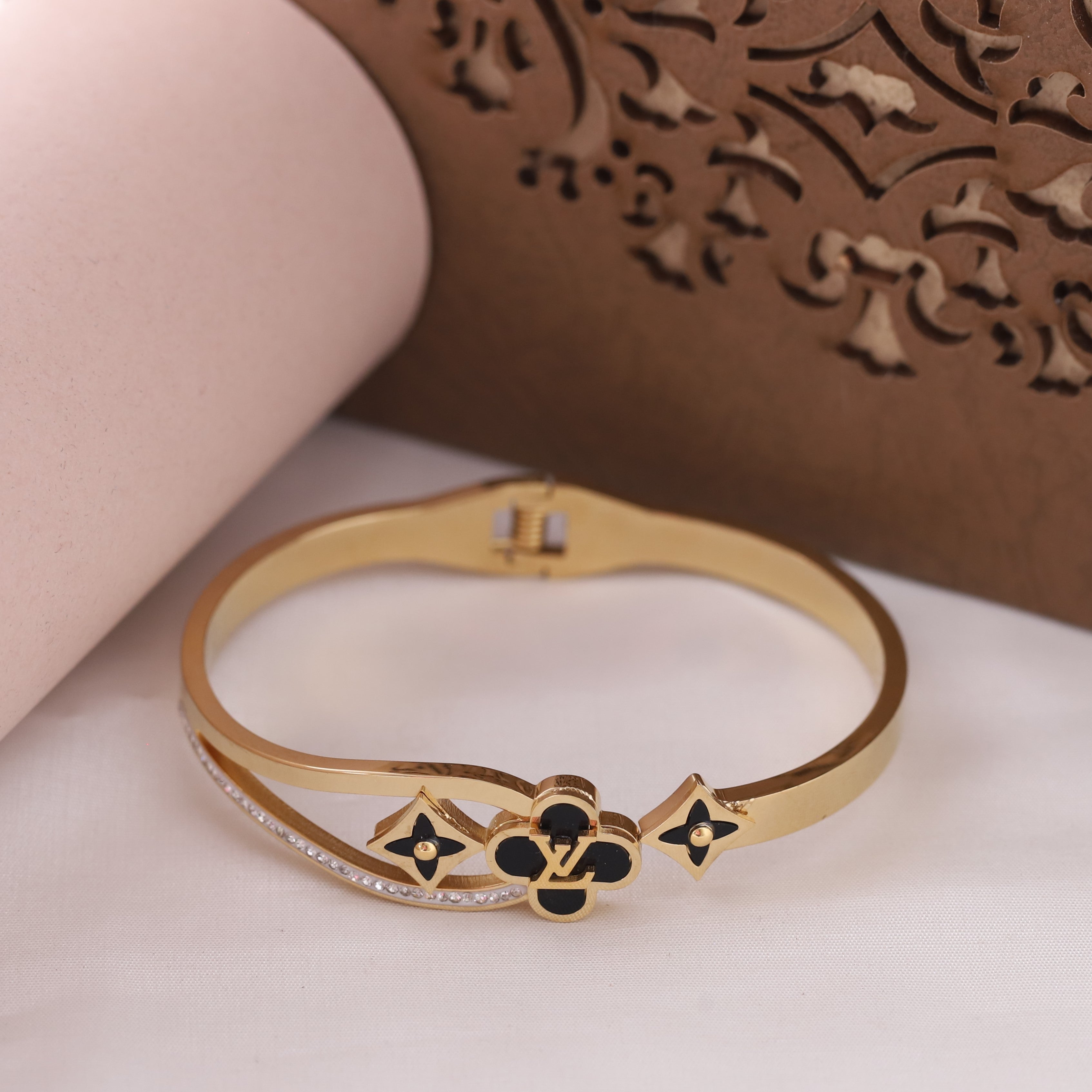 LV Gold-Plated Stainless Steel Cuff Bracelet – Anti-Tarnish Jewelry for Women & Girls (GOLD)