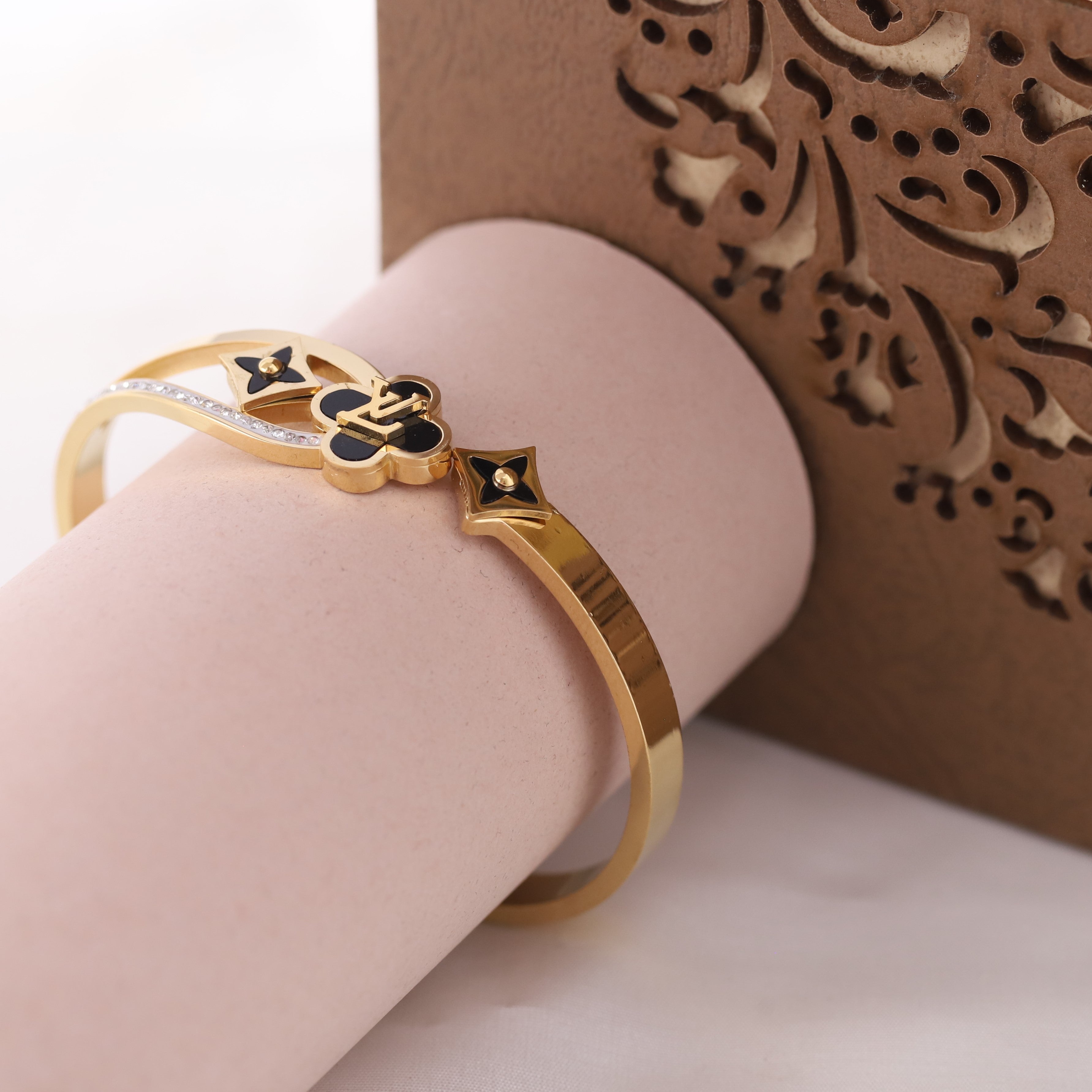 LV Gold-Plated Stainless Steel Cuff Bracelet – Anti-Tarnish Jewelry for Women & Girls (GOLD)