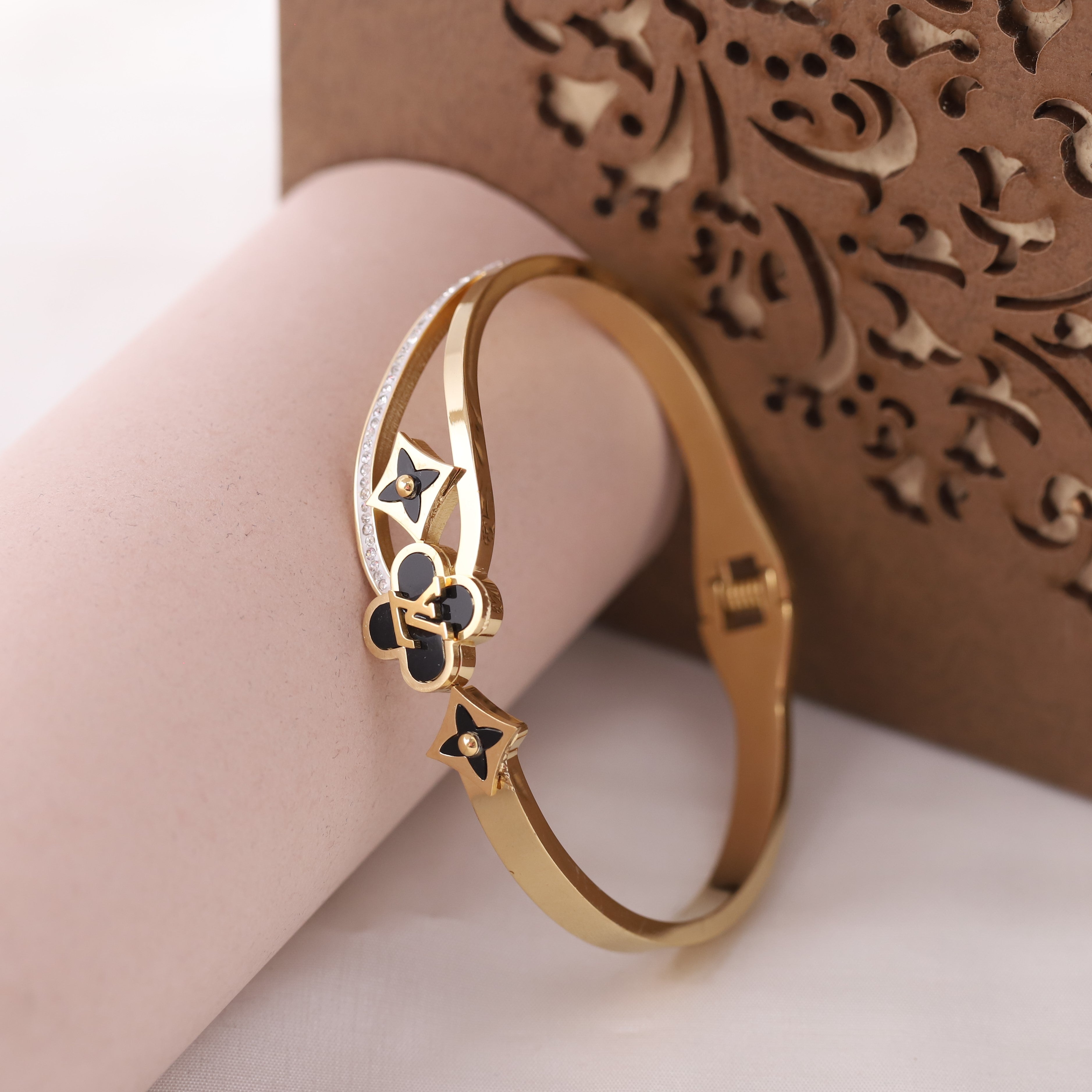 LV Gold-Plated Stainless Steel Cuff Bracelet – Anti-Tarnish Jewelry for Women & Girls (GOLD)