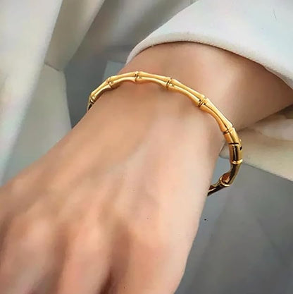 Gold-Plated Bamboo Stainless Steel Bracelet – Openable, Unisex & Skin-Friendly (GOLD)