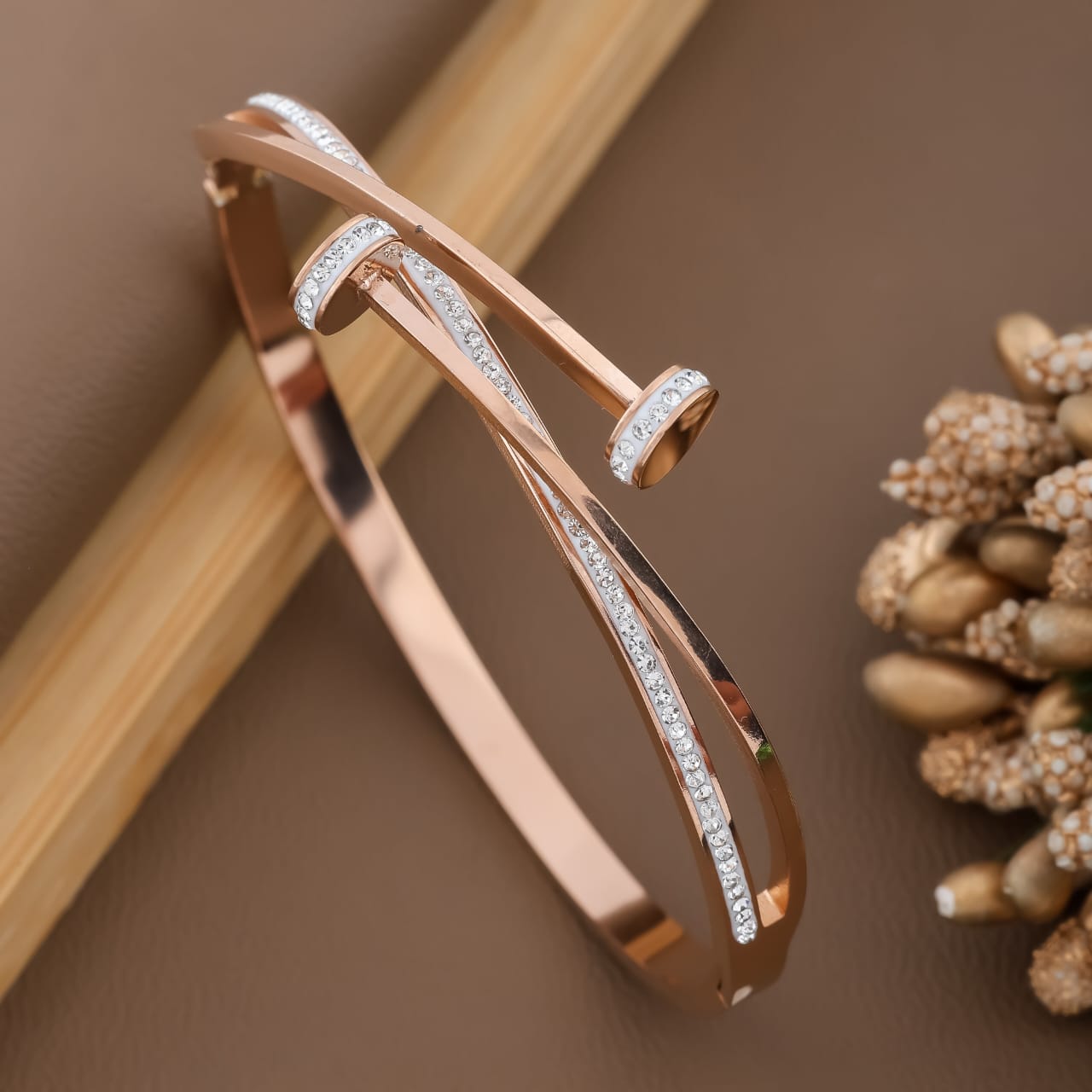 Studded Nail Gold-Plated Stainless Steel Cuff Bracelet – Anti-Tarnish Jewelry for Women & Girls (ROSE GOLD)