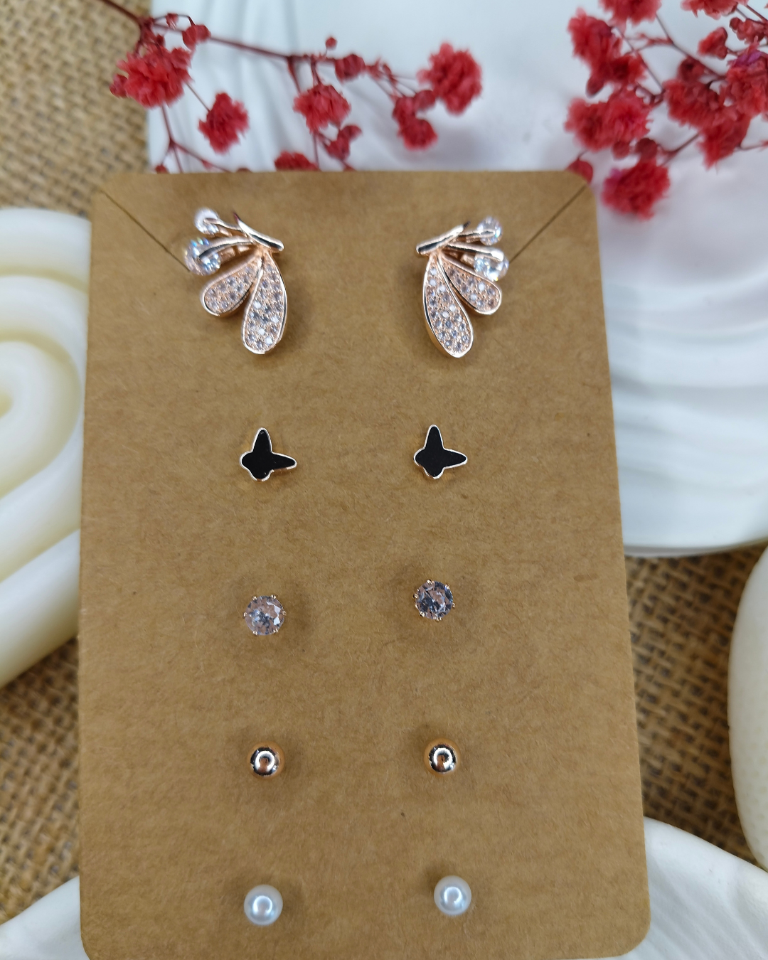 Trendy Charm Earrings Combo – Set of 5, Gold Plated, Anti-Tarnish, Waterproof, Everyday Minimalist Jewelry (ROSE GOLD)