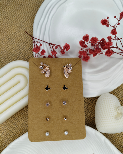 Trendy Charm Earrings Combo – Set of 5, Gold Plated, Anti-Tarnish, Waterproof, Everyday Minimalist Jewelry (ROSE GOLD)