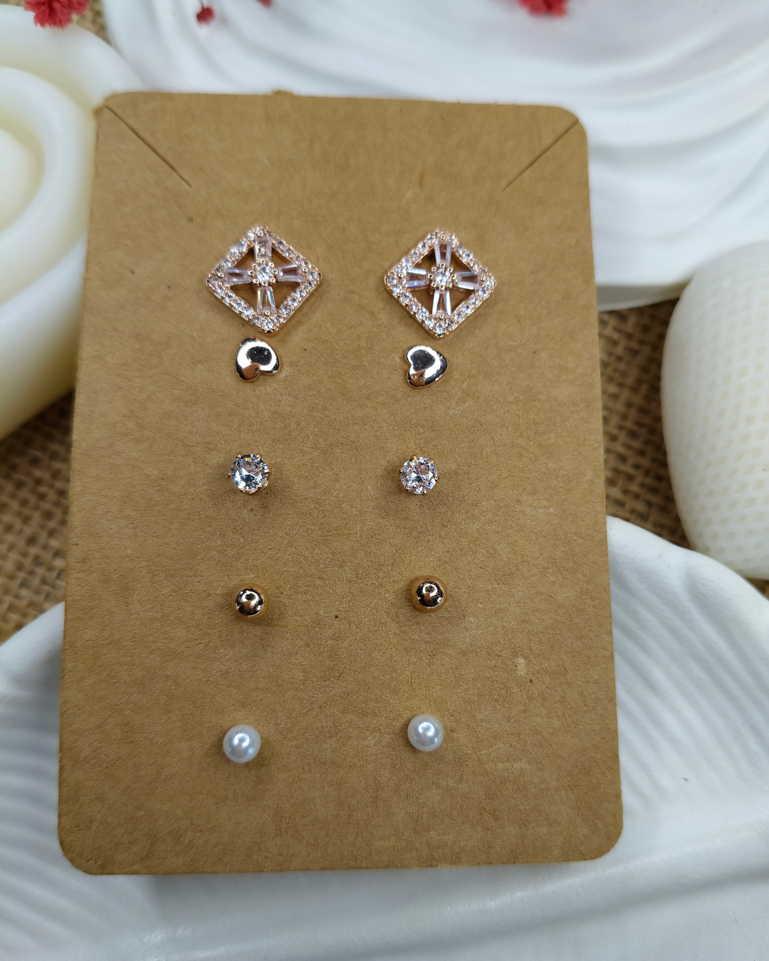 Trendy Charm Earrings Combo – Set of 5, Gold Plated, Anti-Tarnish, Waterproof, Everyday Minimalist Jewelry (ROSE GOLD)