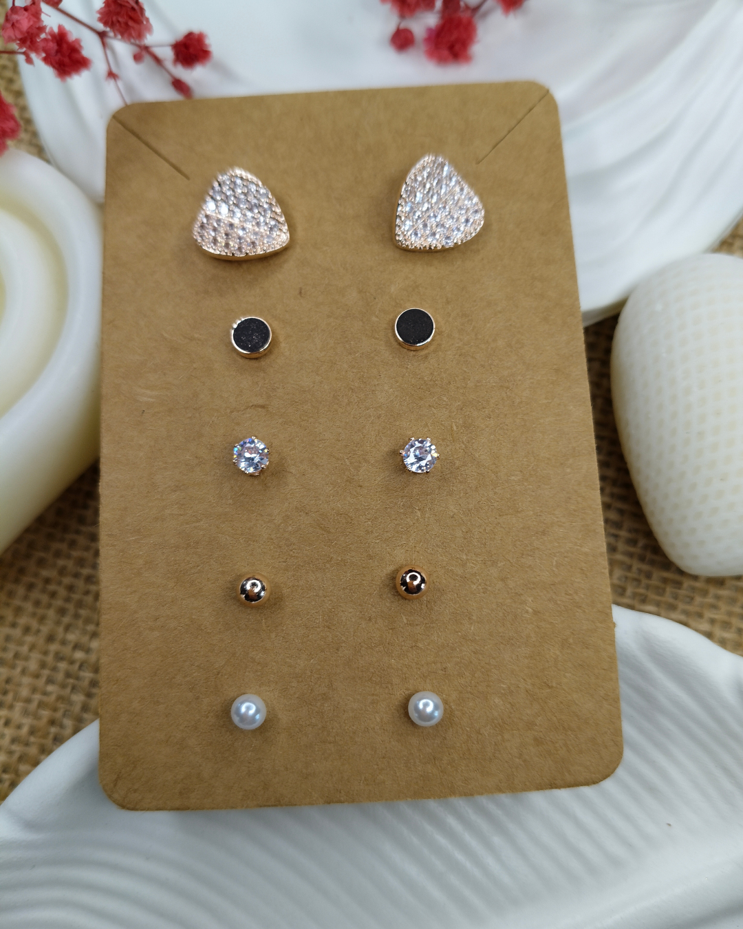Trendy Charm Earrings Combo – Set of 5, Gold Plated, Anti-Tarnish, Waterproof, Everyday Minimalist Jewelry (ROSE GOLD)