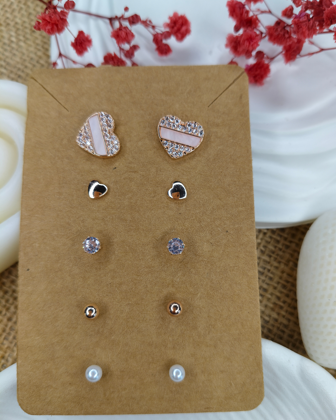 Trendy Charm Earrings Combo – Set of 5, Gold Plated, Anti-Tarnish, Waterproof, Everyday Minimalist Jewelry (ROSE GOLD)