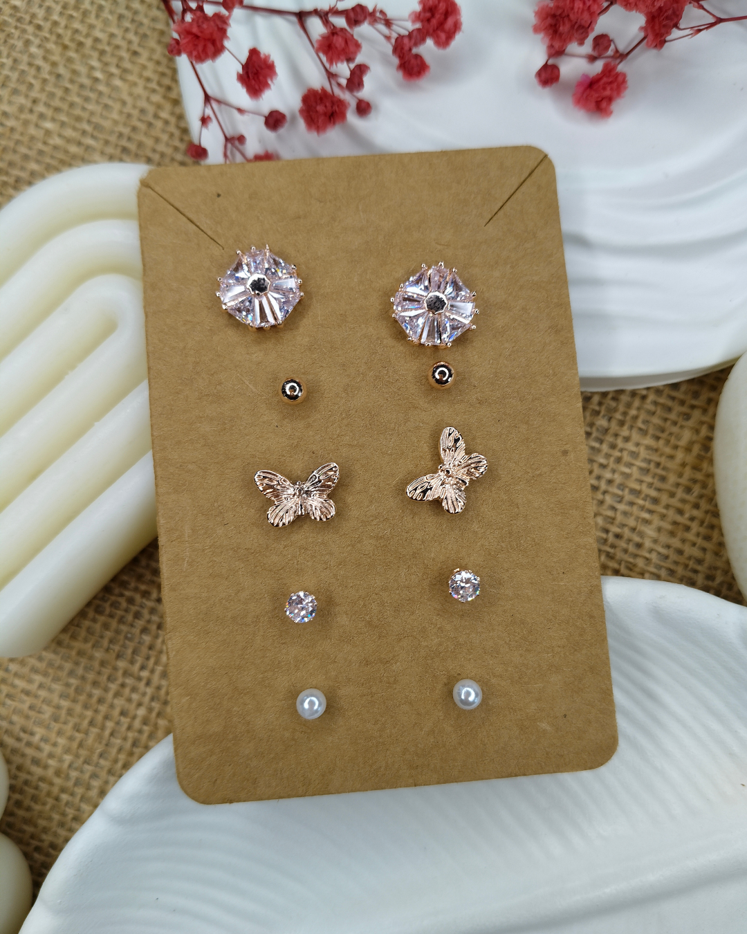 Trendy Charm Earrings Combo – Set of 5, Gold Plated, Anti-Tarnish, Waterproof, Everyday Minimalist Jewelry (ROSE GOLD)