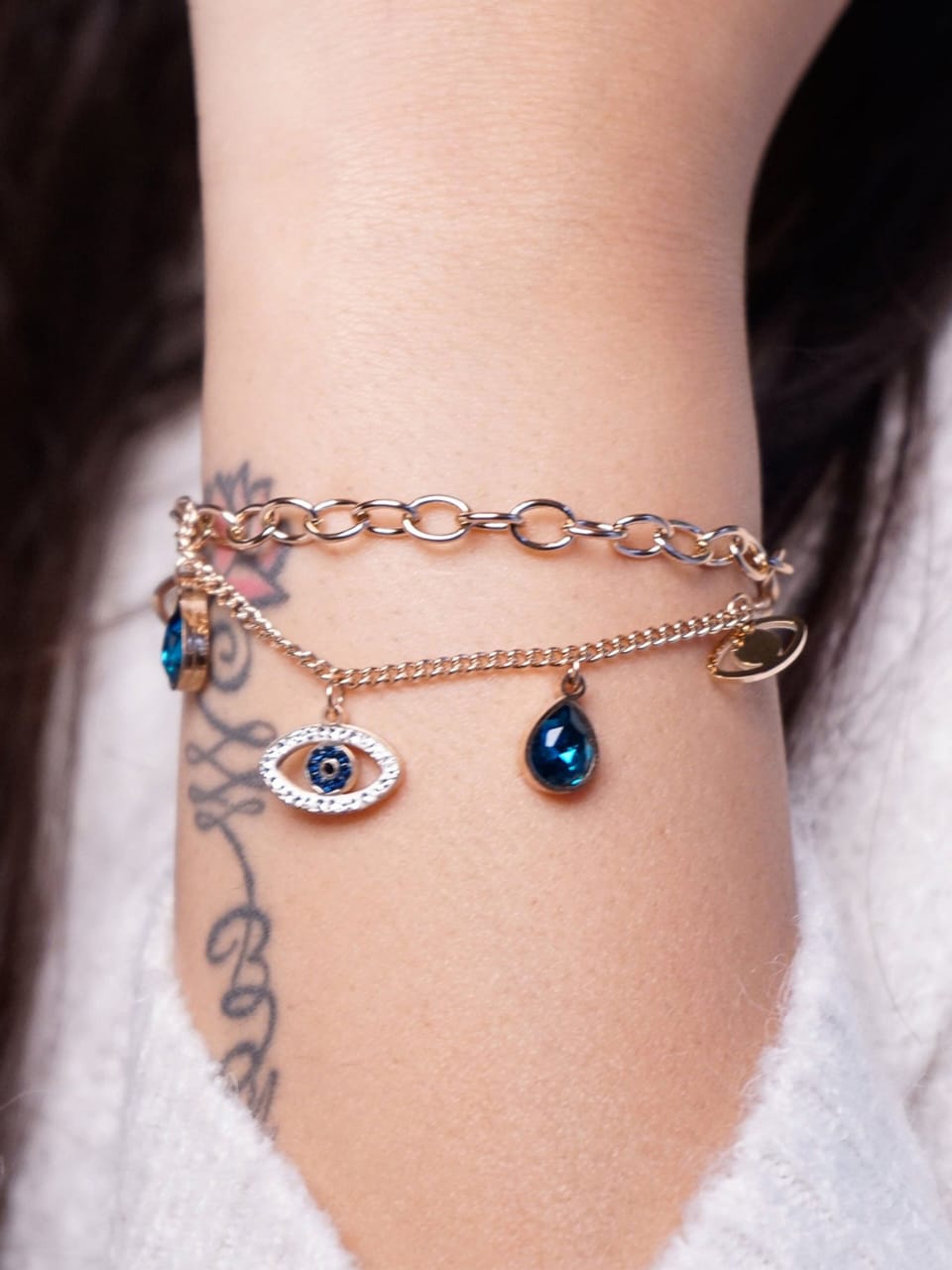 Evil Eye Chain Bracelet Gold Plated – Double Layer, Anti-Tarnish, Waterproof, Minimalist Style (ROSE GOLD)