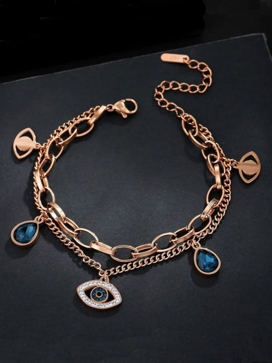 Evil Eye Chain Bracelet Gold Plated – Double Layer, Anti-Tarnish, Waterproof, Minimalist Style (ROSE GOLD)