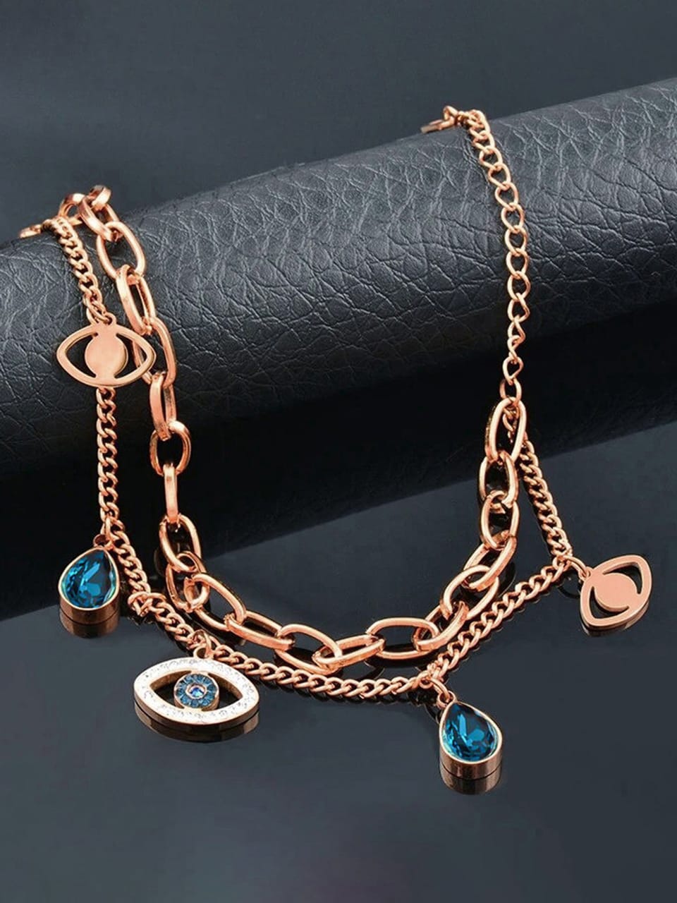 Evil Eye Chain Bracelet Gold Plated – Double Layer, Anti-Tarnish, Waterproof, Minimalist Style (ROSE GOLD)
